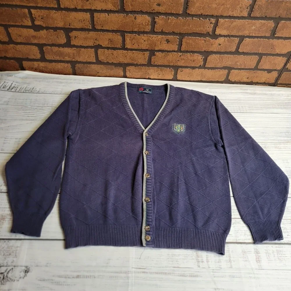 Vintage Isle Of Cotton Golf Sweater Mens Large Blue V Neck Button Textured Crest